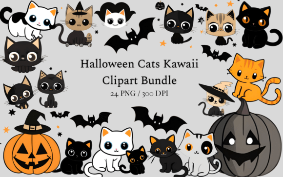 Download Halloween Cats Kawaii Clipart Bundle PNG - Halloween cats Collection